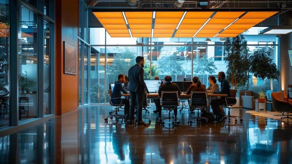 a modern office space bustling with activity showcases diverse professionals collaborating around sleek conference tables, illuminated by warm overhead lighting that highlights vibrant design elements and technology integration.