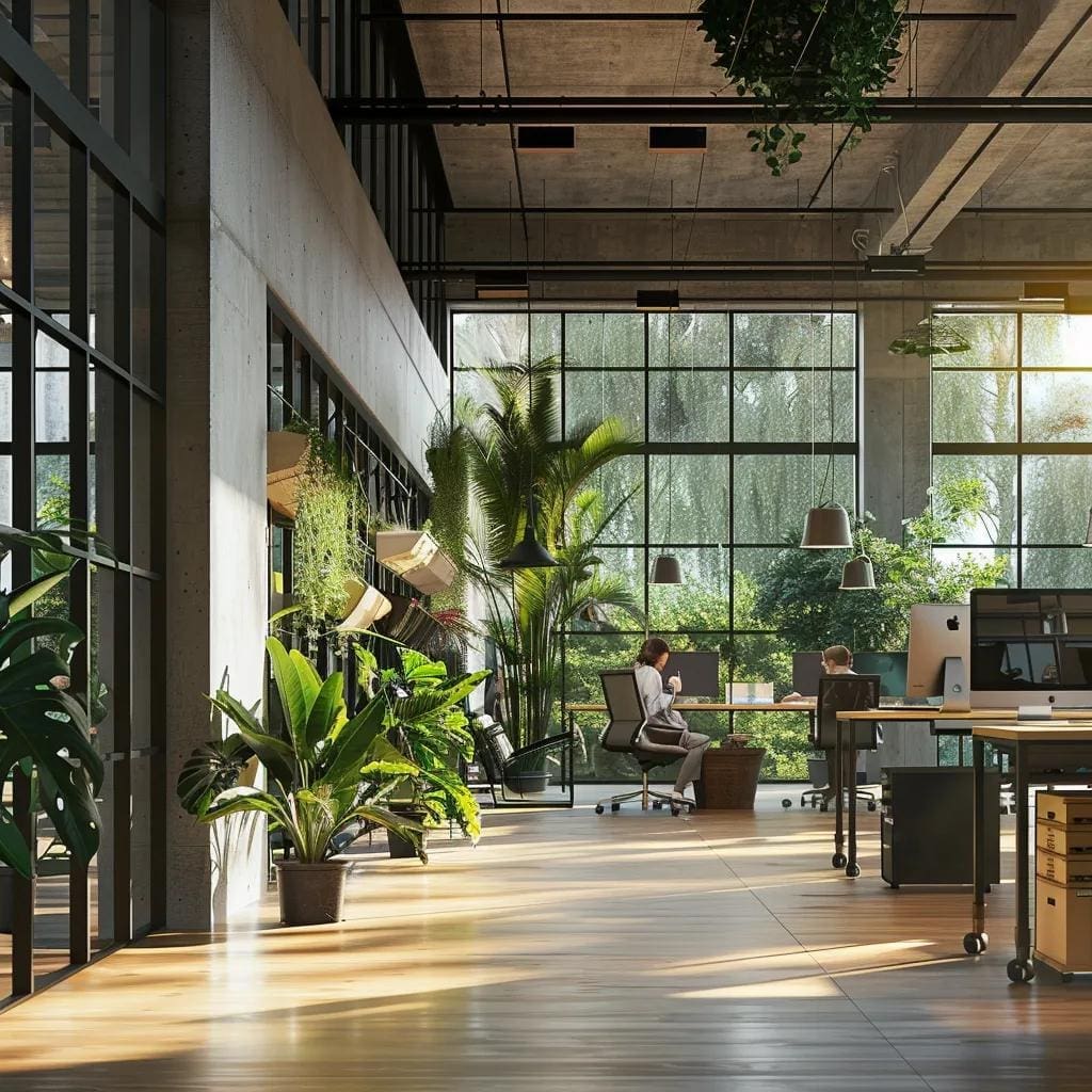 Modern office space with biophilic design elements promoting productivity and well-being