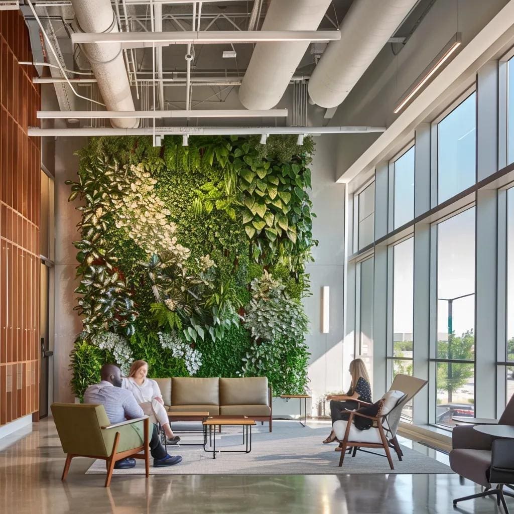 Office environment showcasing biophilic design with living walls and natural light enhancing employee interaction